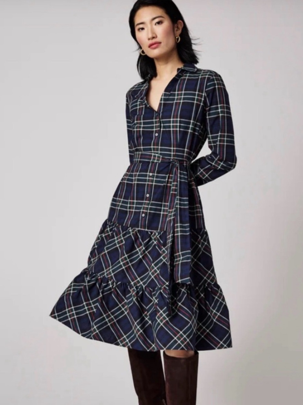 UNTUCKit Navy Plaid Button-Front Midi Dress with Tie Waist